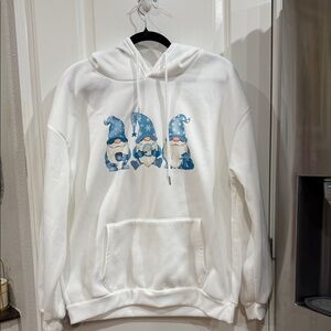White Hoodie with Blue Gnome Design NWOT